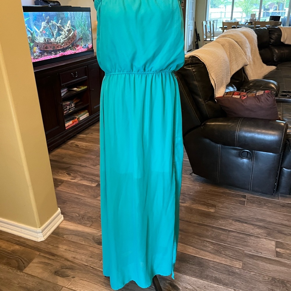 Elegant Teal Maxi Dress/high low strapless/teal color
